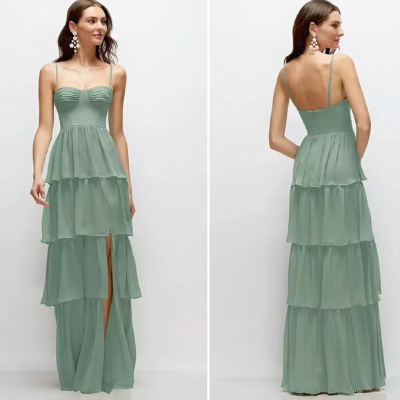 Bustier-Style Chiffon Tiered Ruffle Maxi Dress with Adjustable Straps in Seagras - Picture 1 of 4